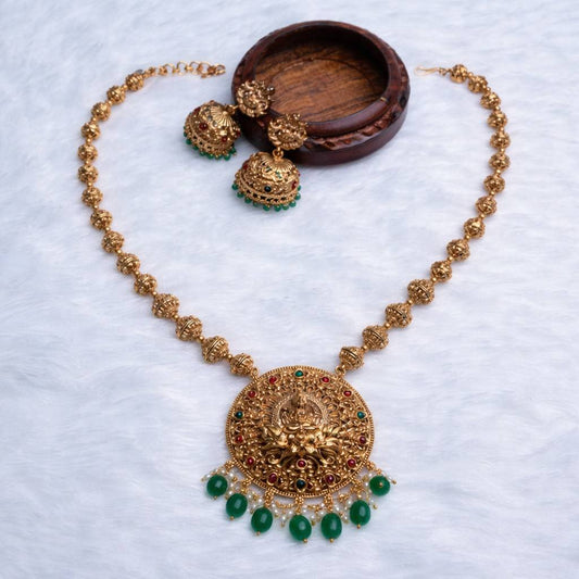 Middle Length Chettinad Haram Matte Finish Lakshmi Pendent with Green Beads H0034-CJ49