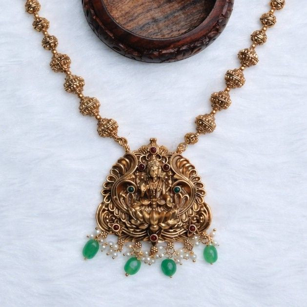 Middle Length Chettinad Haram Matte Finish Lakshmi Pendent with Green Beads H0036-CJ49