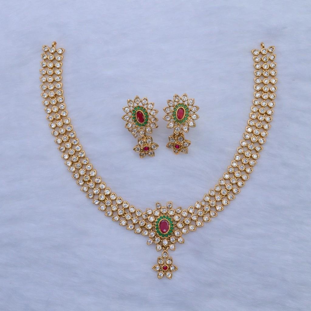 Premium Quality AD White stone Floral  Necklace With earrings designed with Ruby Red Emerald Green Stones N0138-NI48