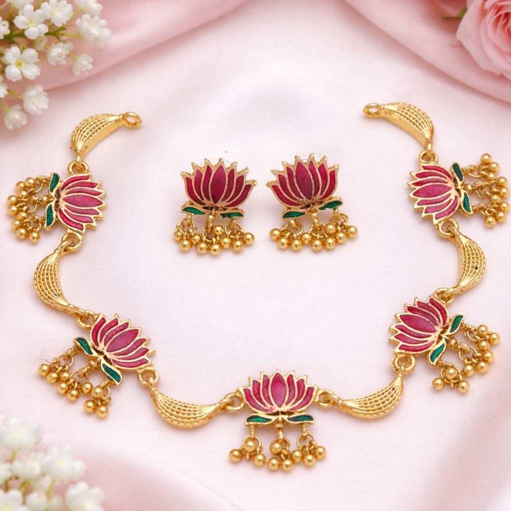 Matte Finish Trendy Lotus Manju Warrior Necklace with earring N0140-CJ15