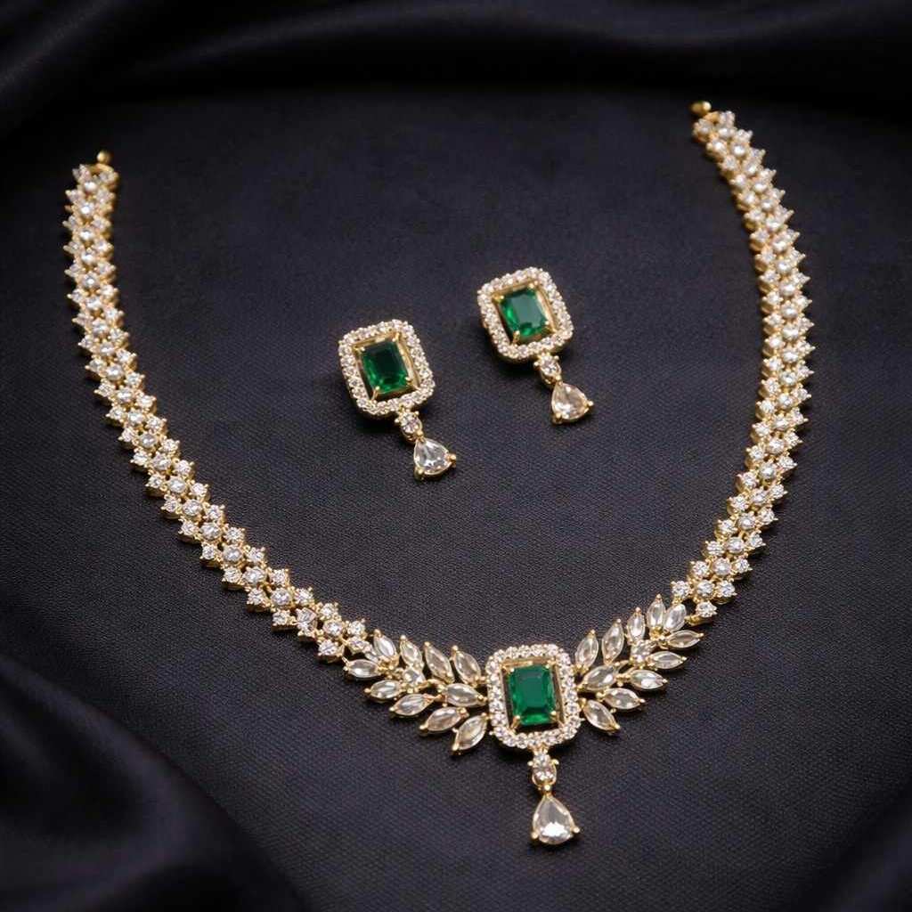 Premium Quality AD Diamonds Stone Necklace With Emerald Green Stone Floral Pattern Necklace N0114-CI38