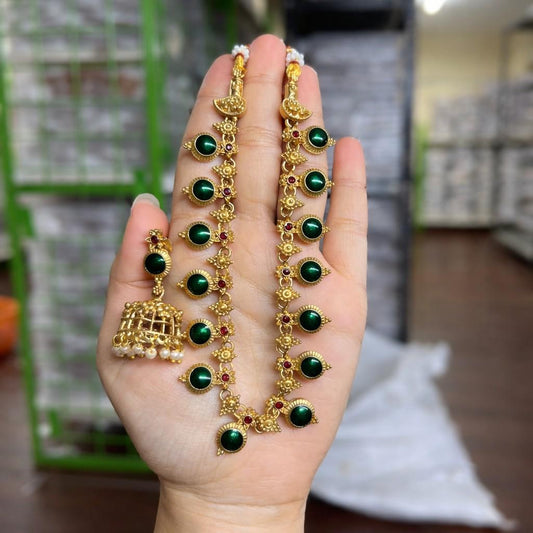 Traditional Palaka Green Enamel Necklace with jhumka Matte finish N0081-CD22