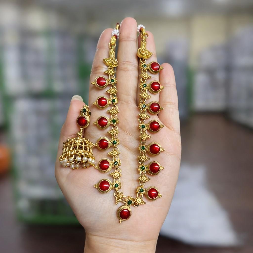 Traditional Palaka Red Enamel Necklace with jhumka Matte finish N0080-CD22