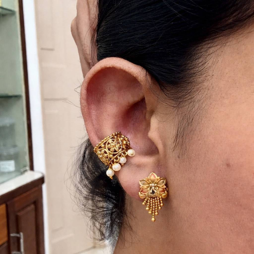 Ear cuff / Bugadi premium quality antique finish with pearl hanging slight press to adjust to our ears - EJ001-CO12