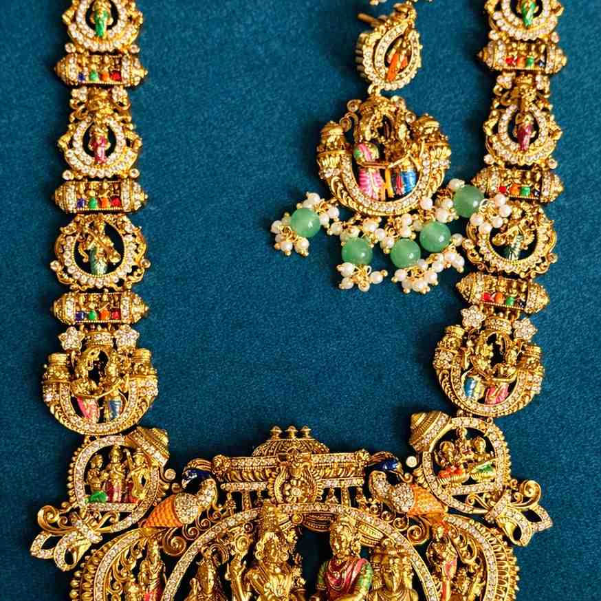 Premium 1ST Quality  Traditional Srivasa Kalyanam Haram 21 inch long Heavy Haram With Hanging Green And White pearls H0025-CE400