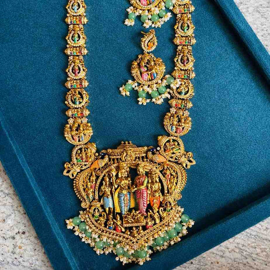 Premium 1ST Quality  Traditional Srivasa Kalyanam Haram 21 inch long Heavy Haram With Hanging Green And White pearls H0025-CE400