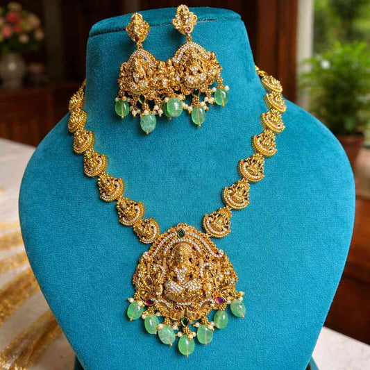 Premium Quality Brass Base Metal Maha Lakshmi Grand Look Bridal Necklace Designed With  White AD Stones - N0012-CR161