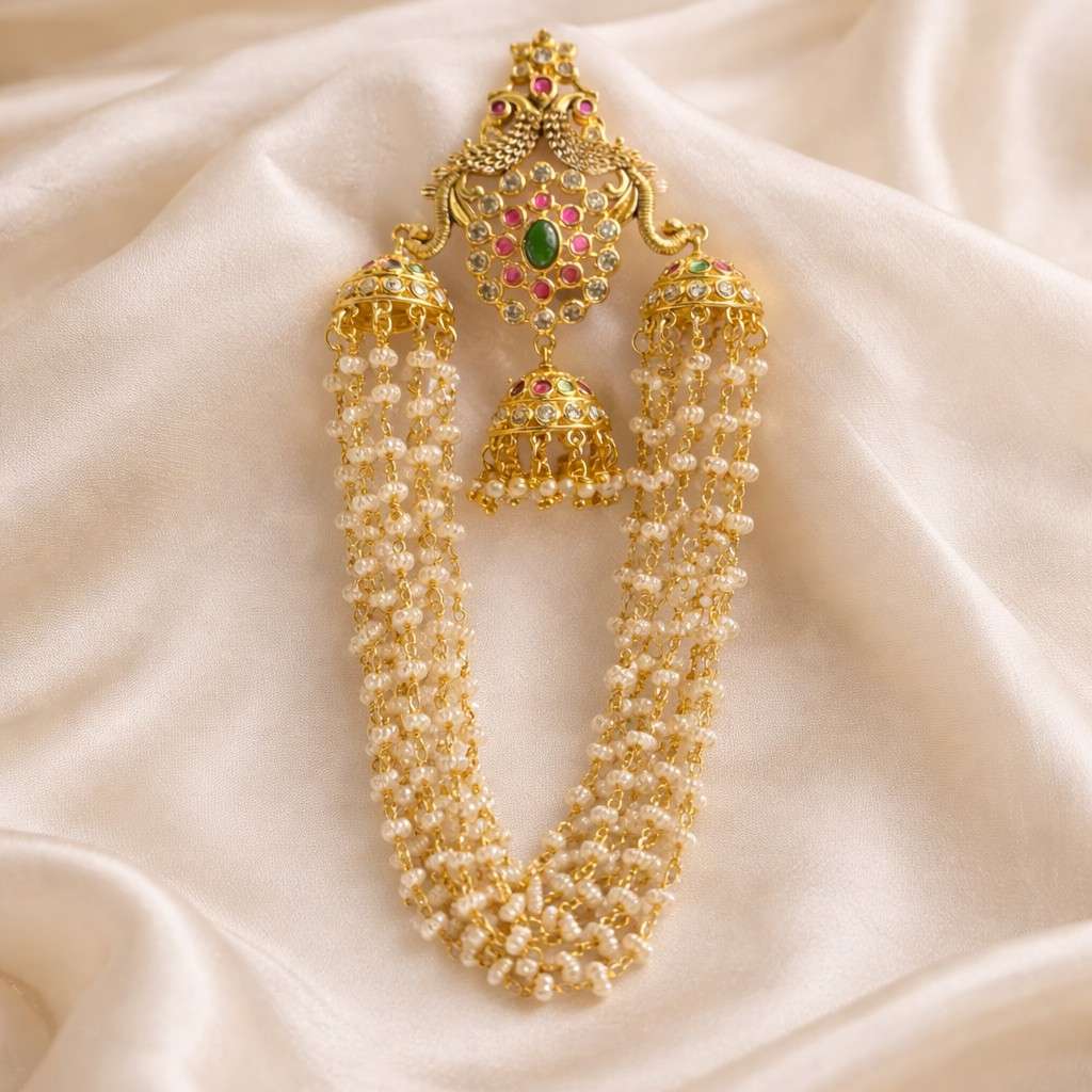 Premium Quality AD White Stone Kemp Stone Hair Jewel With jhumka in the middle hanging pearls HA0020-CS50
