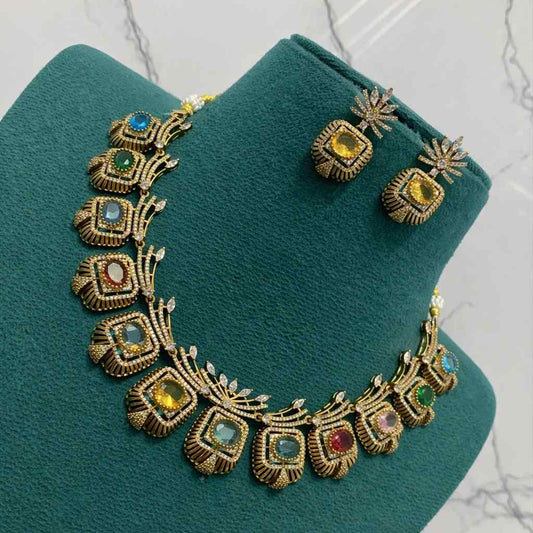 Premium Quality AD Stone White Stone Navaratnam Multi stone Stone Necklace With Floral Pattern Design N0127-CR140