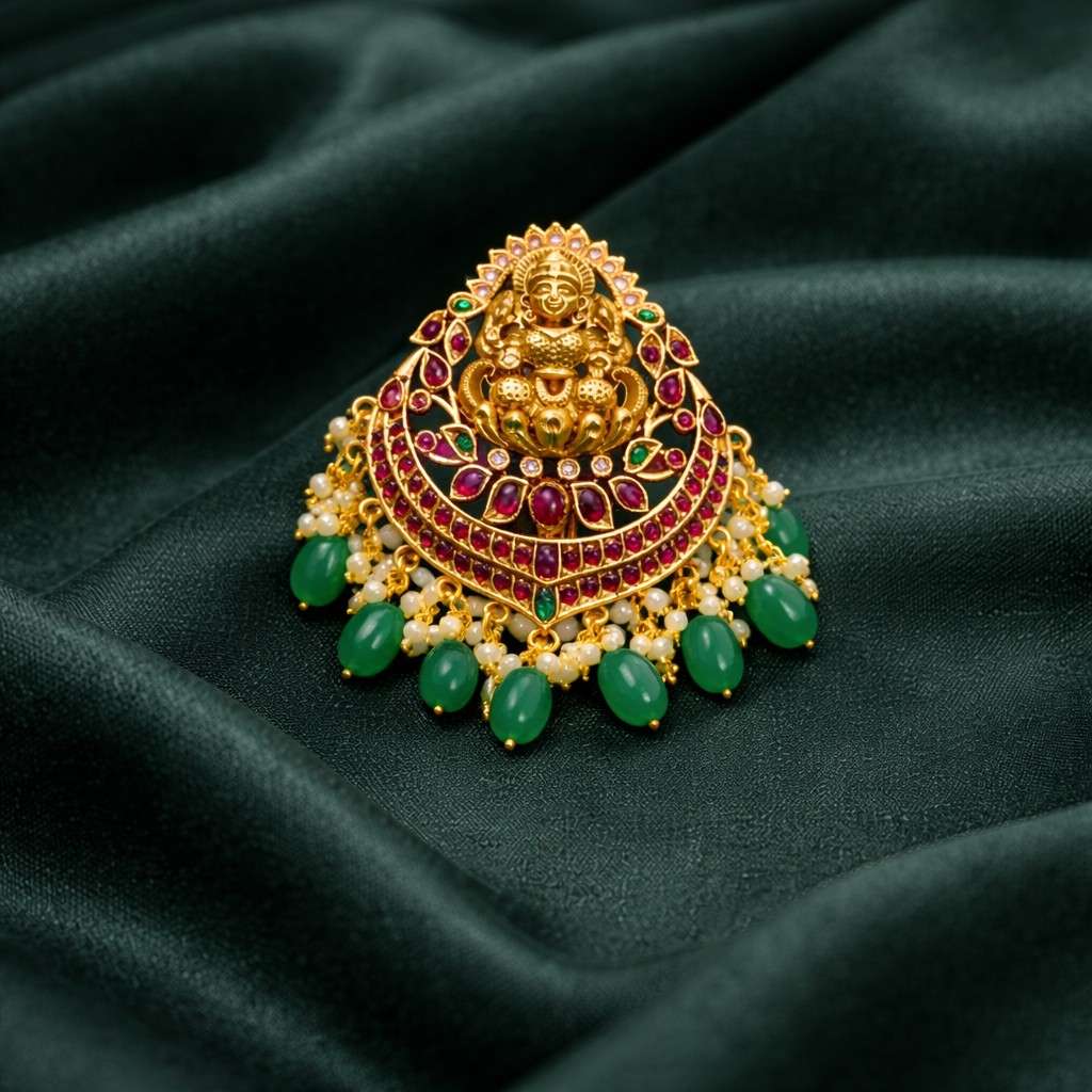 Premium Quality Hair accessories designed with Real Red kemp Stones Lakshmi & floral pattern green  hanging HA0026-CR60