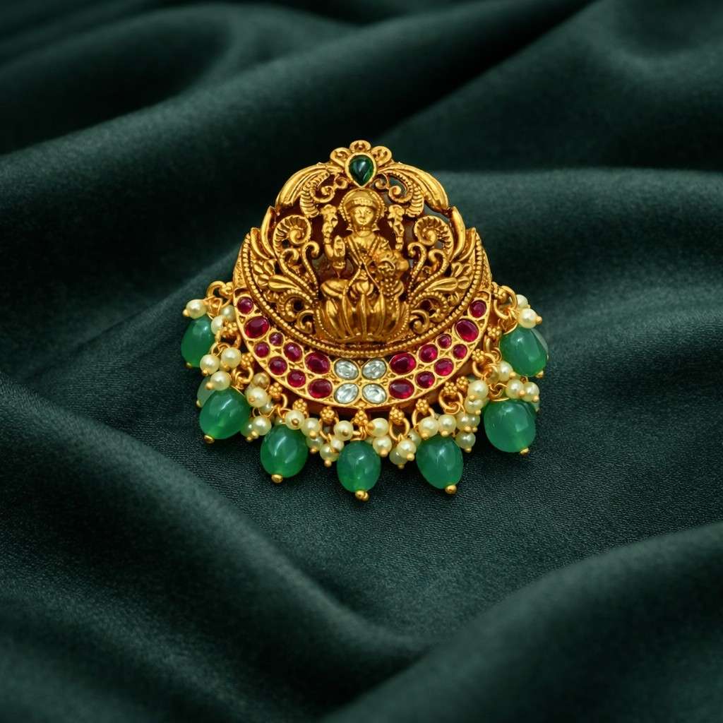 Premium Quality Hair accessories designed with Real Red kemp Stones Lakshmi & floral pattern green  hanging HA0027-CR60