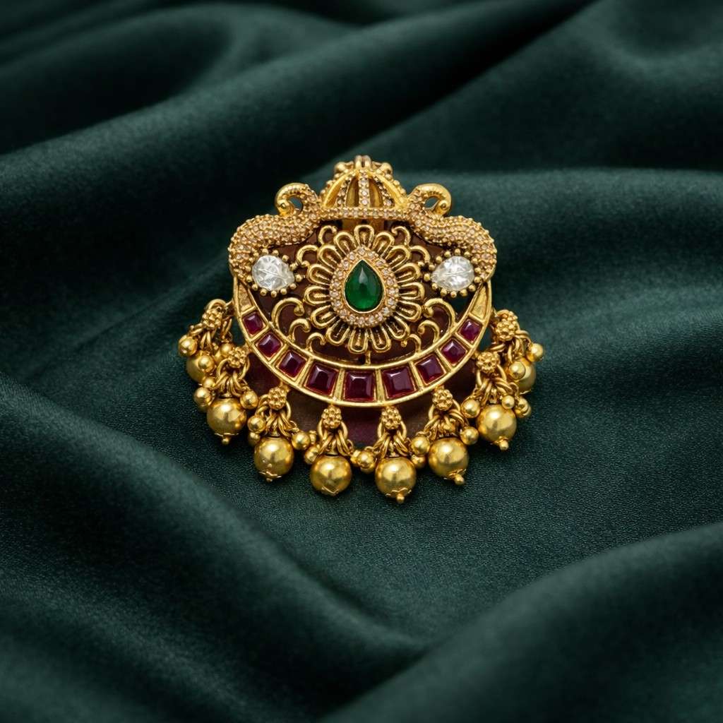 Premium Quality Hair accessories designed with  AD Stone Real Red kemp Stones  floral pattern gold bead hanging HA0028-CR68