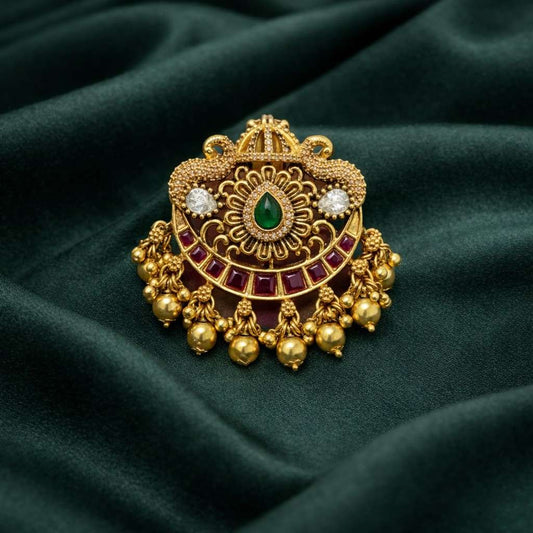 Premium Quality Hair accessories designed with  AD Stone Real Red kemp Stones  floral pattern gold bead hanging HA0028-CR68