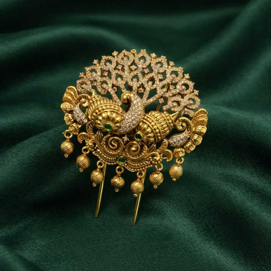 Premium Quality Hair accessories designed with AD Stones  Peacock floral pattern with gold bead hanging HA0024-CR70