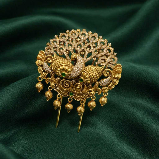 Premium Quality Hair accessories designed with AD Stones  Peacock floral pattern with gold bead hanging HA0024-CR70