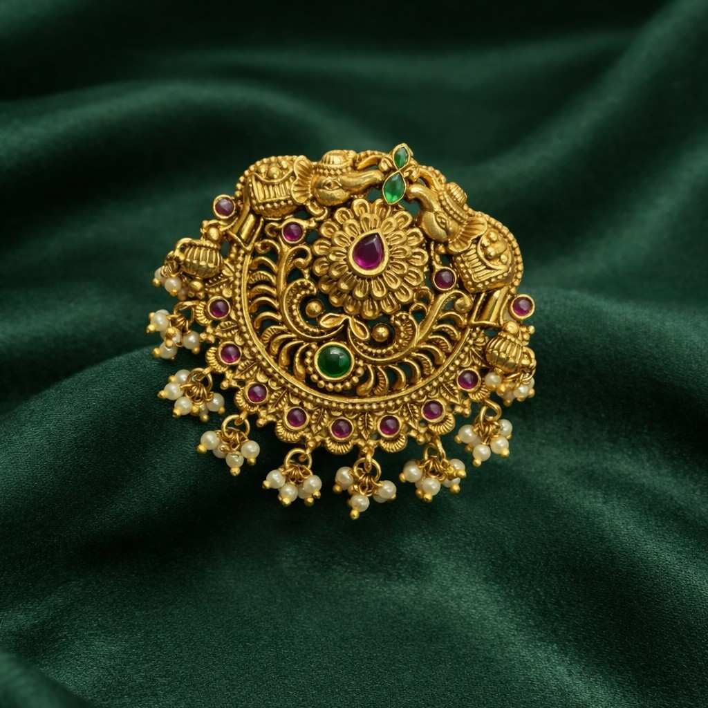 Premium Quality Hair accessories designed with Ruby Stones Elephant & floral pattern with gold white bead hanging HA0025-CR63