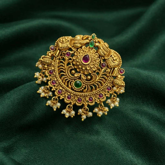 Premium Quality Hair accessories designed with Ruby Stones Elephant & floral pattern with gold white bead hanging HA0025-CR63