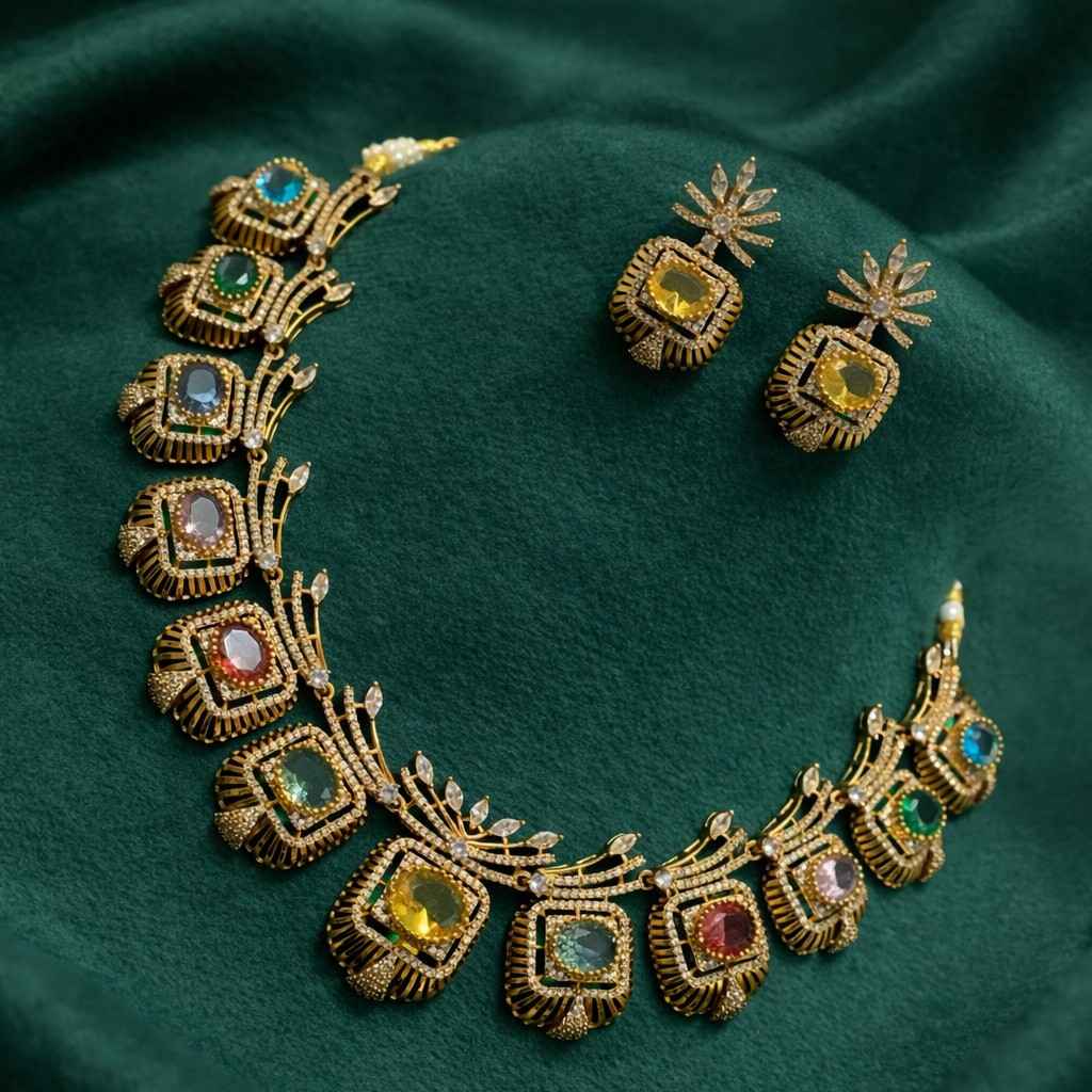 Premium Quality AD Stone White Stone Navaratnam Multi stone Stone Necklace With Floral Pattern Design N0127-CR140