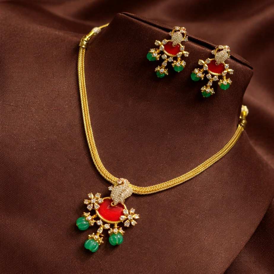 Premium Quality AD Stone White Stone Coral stone And Pumpkin Beads Stone Necklace With Floral & Peacock Pattern Design N0128-CR76