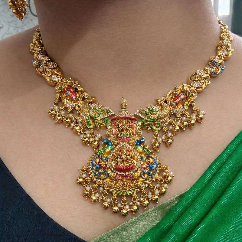 Premium Quality Enamel Hand Painted Meenakari necklace Premium Polish Lakshmi Design Temple Collection N0093-CI182