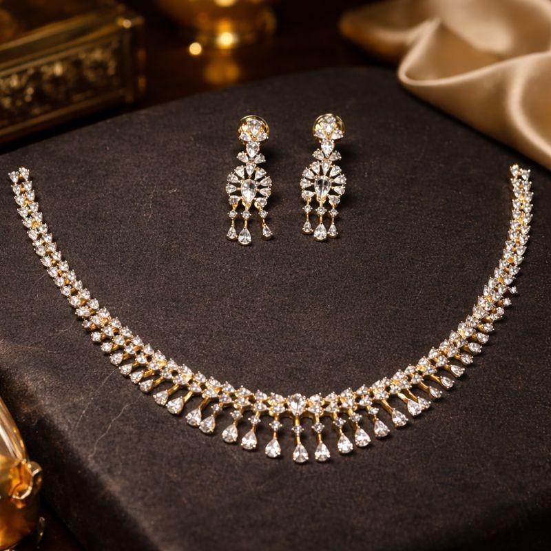 Premium Quality Rhodium Finish 1st Grade AD Stones diamond Replica Collection N0028-CE140