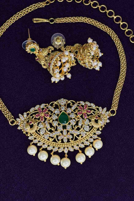 Floral Pattern Stone Chocker with earrings N0258-I41