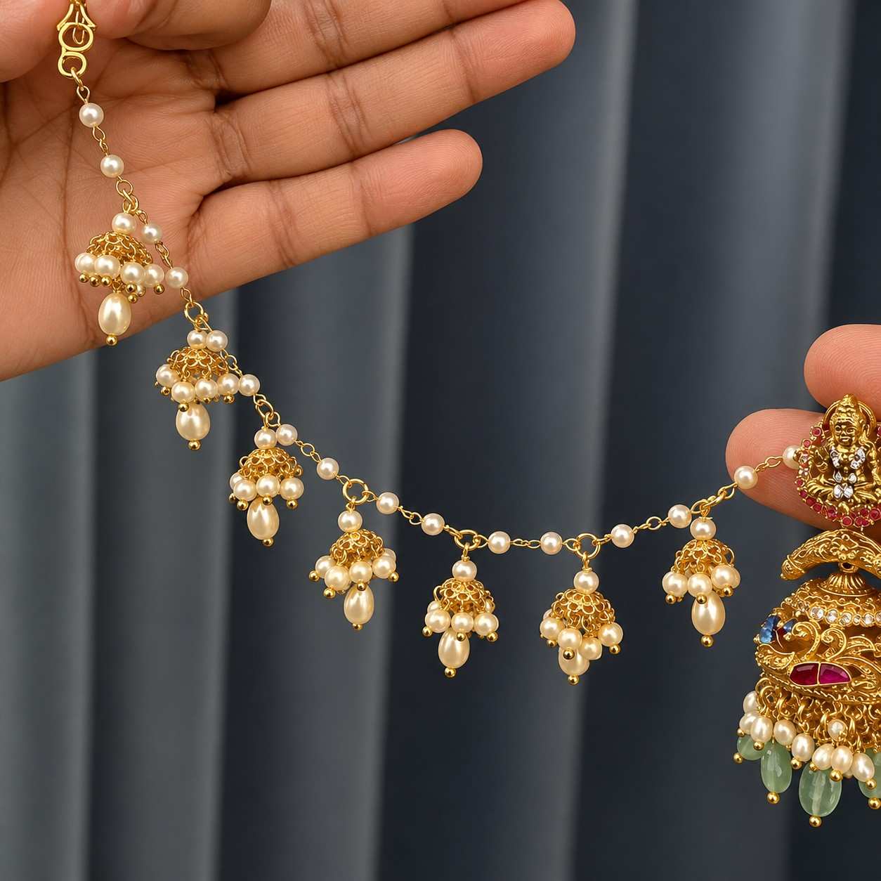 J0174 Pearl Jhumka EarChain only