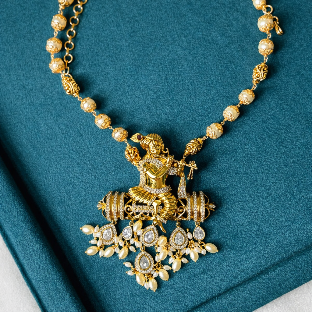 Premium Quality Traditional Pearl Haram 21 inch long Haram With KRISHNA Pendent designed with Polka Diamonds H0026-CS130