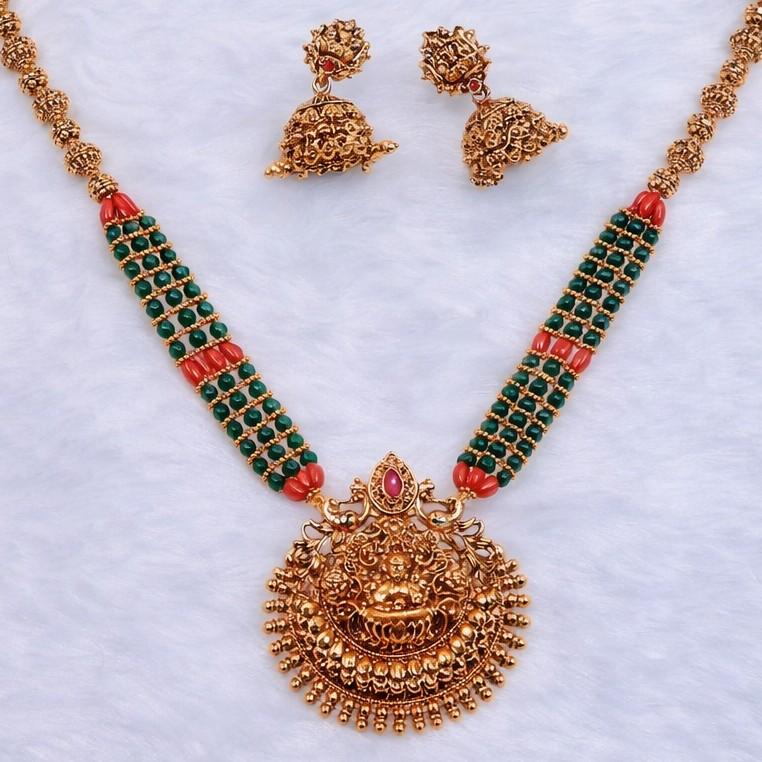 Middle Length Chettinad Green & Coral bead Haram Matte Finish Lakshmi Pendent with matching jhumka H0047-CT70