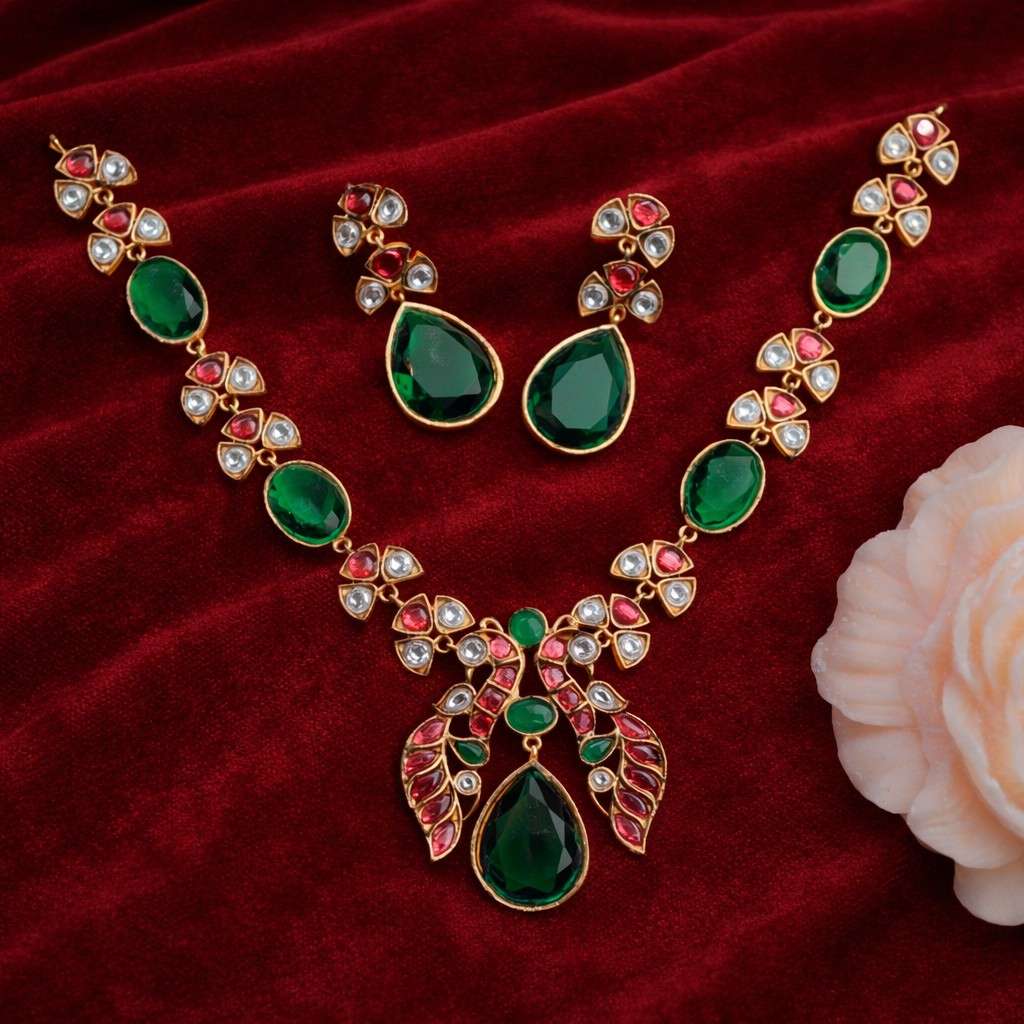 Premium Quality Gandabherunda Necklace Real Kemp Stones Emerald Green Stones with uncut diamond earrings N0105-CI129