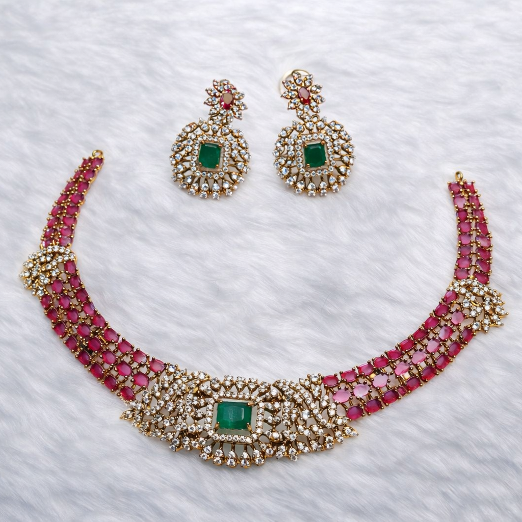 Premium Quality Hasli type AD Stone White And Red Stone necklace with pairing earrings N0103-CI69
