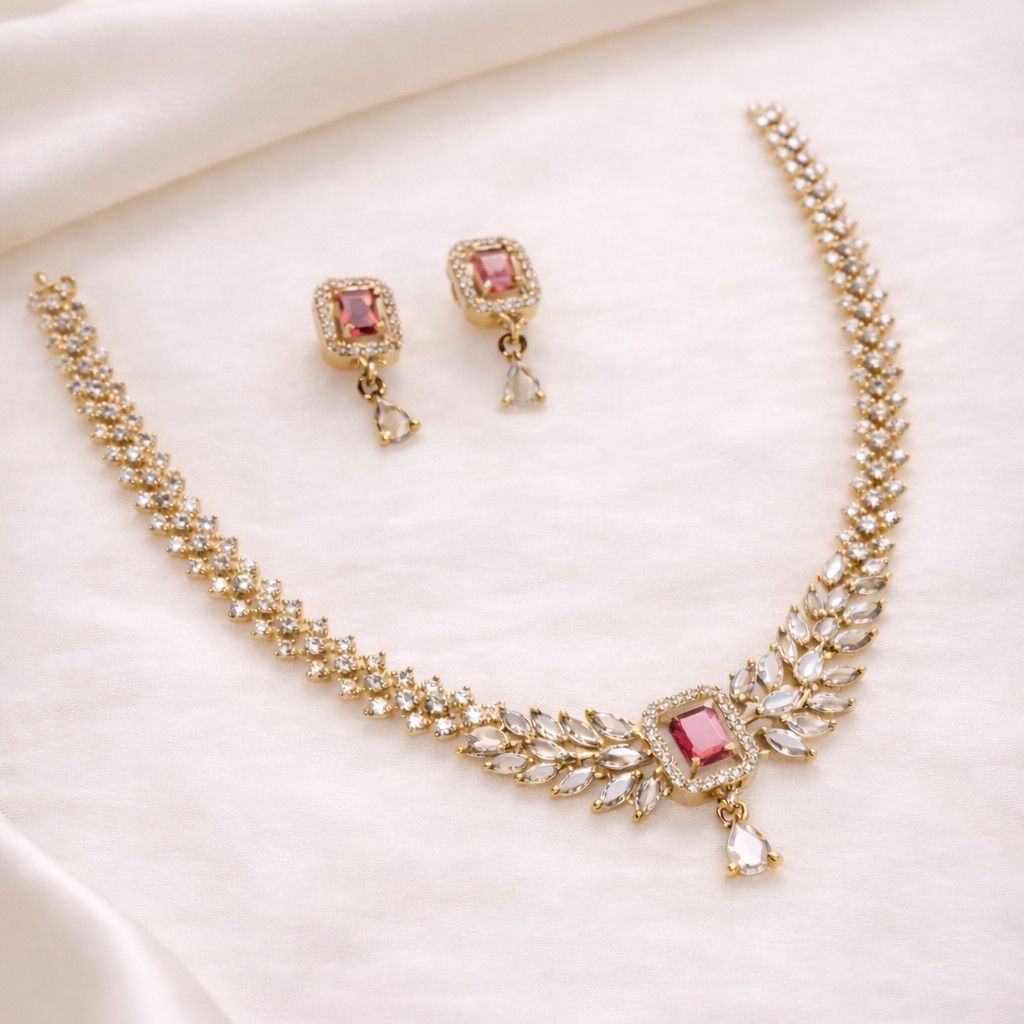 Premium Quality AD Diamonds Stone Necklace With Ruby Green Stone Floral Pattern Necklace N0115-CI38