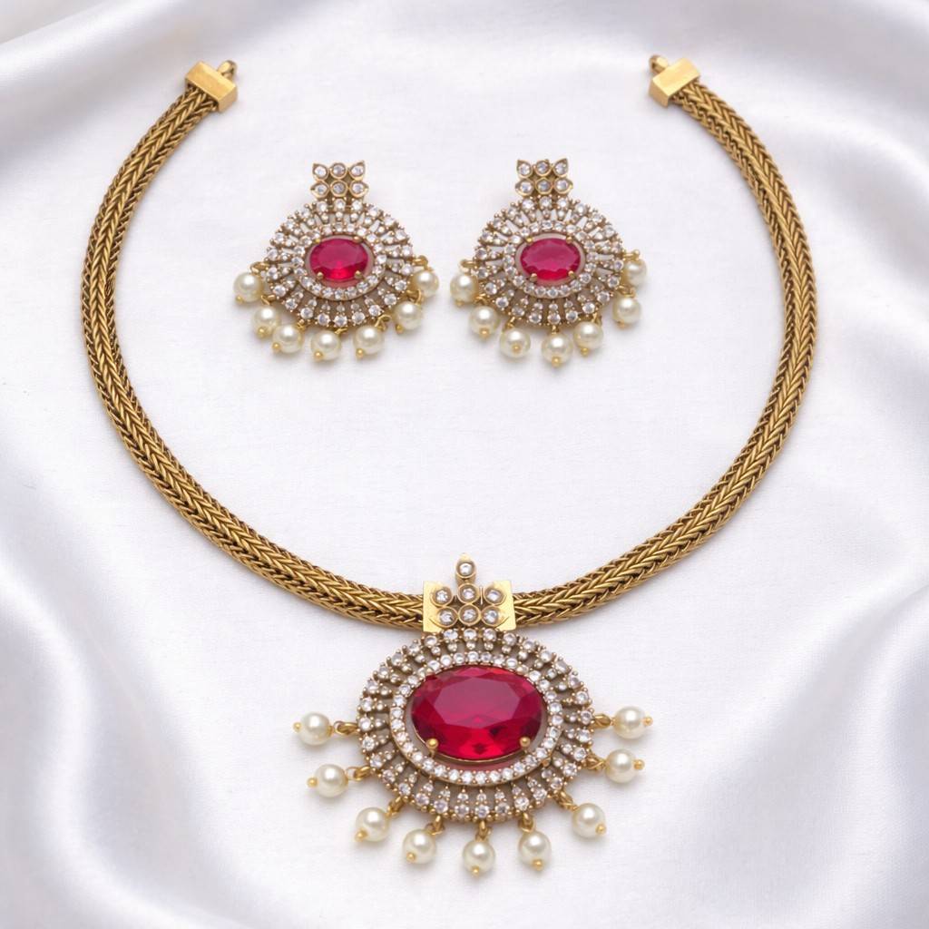 Ruby Red Stone Attigai necklace N0090-CJ34