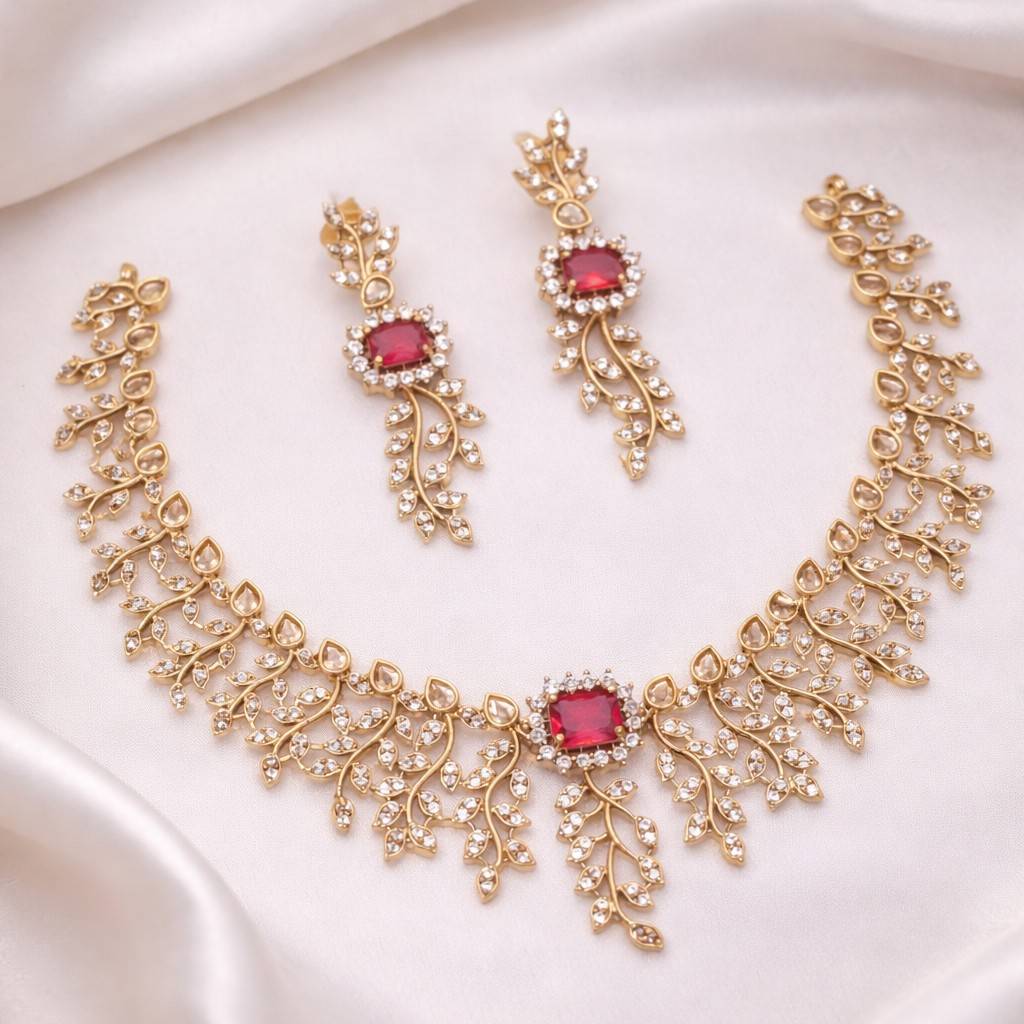 Premium Quality AD White Stone Necklace Floral Pattern White and Ruby Stone with matching Earring N0066-CJ65