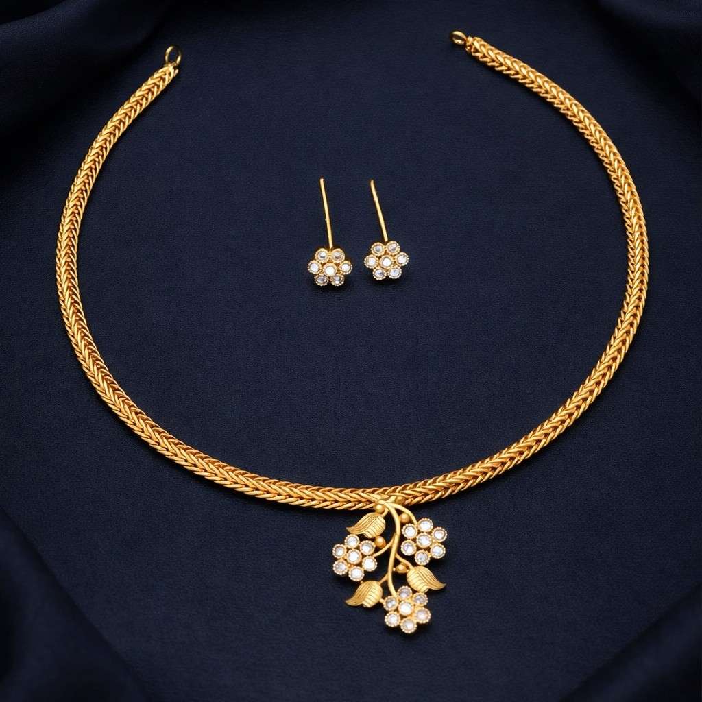Floral Design minimal Necklace with matching stud  N0073-CJ11