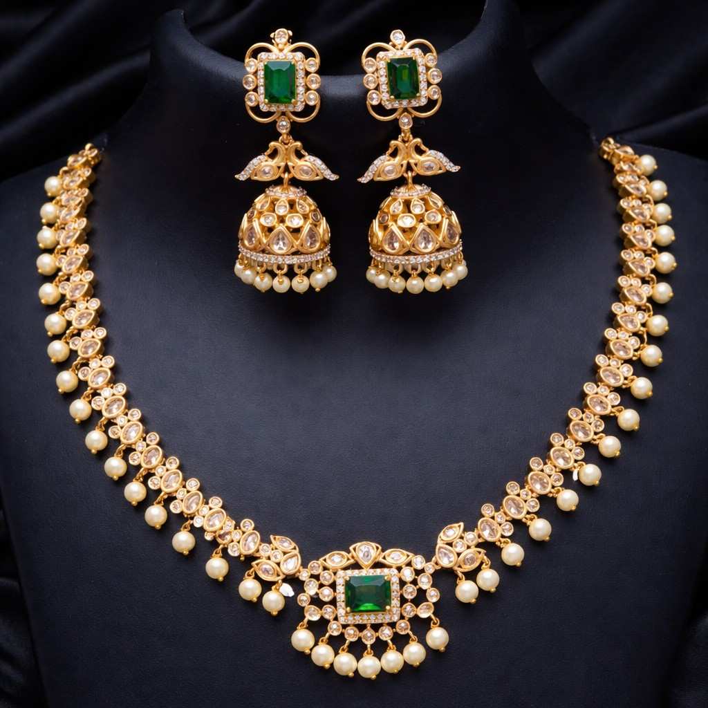 White Stone & Emerald Color Stone Necklace N0061-CJ56