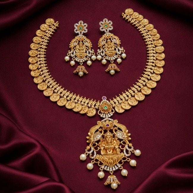 Matte Finish Coin Necklace with Lakshmi Pendent N0085-CJ59