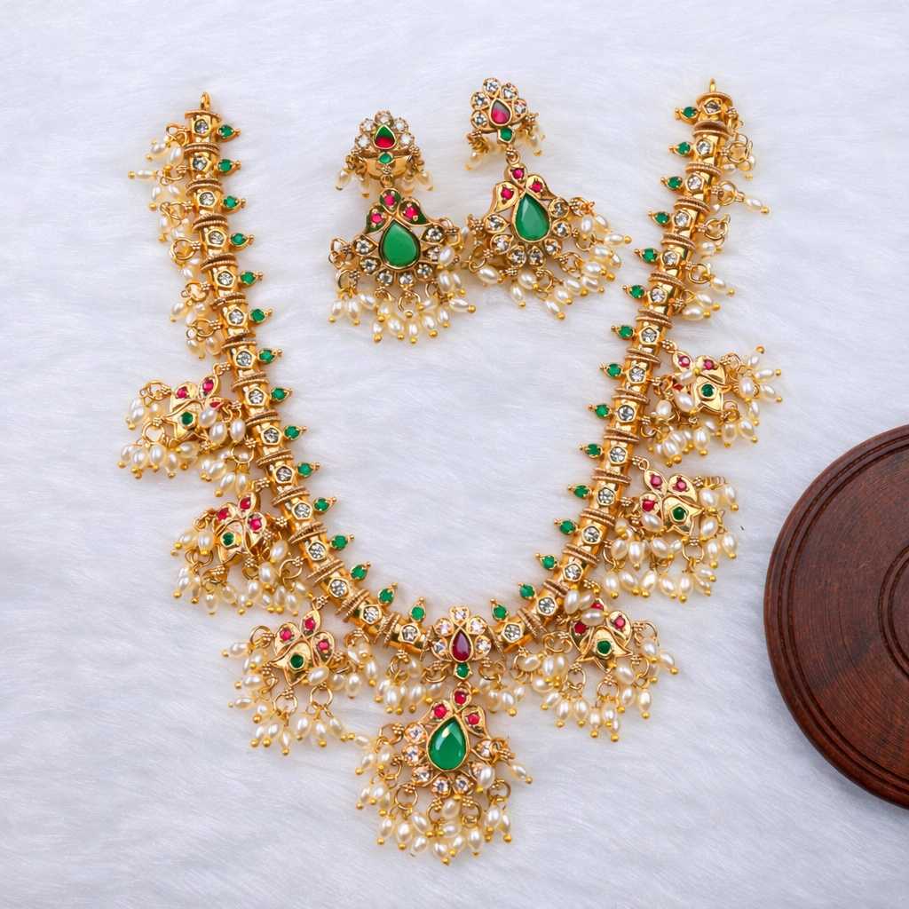 Premium quality  Traditional Buttapusalu necklace Floral Pattern With Hanging Pearls  N0111-CI85