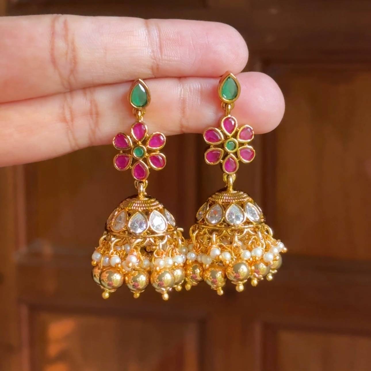 Premium quality floral jhumka designs with pola diamond's ruby red emerald green stones and golden beads  J0052-CS33