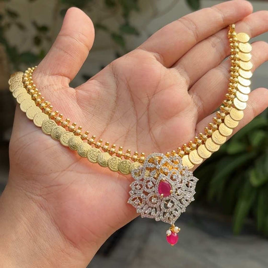 Traditional Kasu and Mordern AD White & Ruby Stone Necklace N0046-CV90