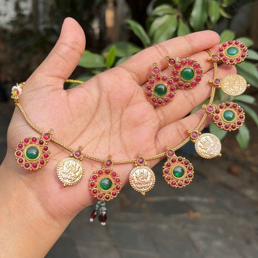 Traditional Matte finish Premium look Coin and Floral Design Necklace with kemp stones N0092-CJ17