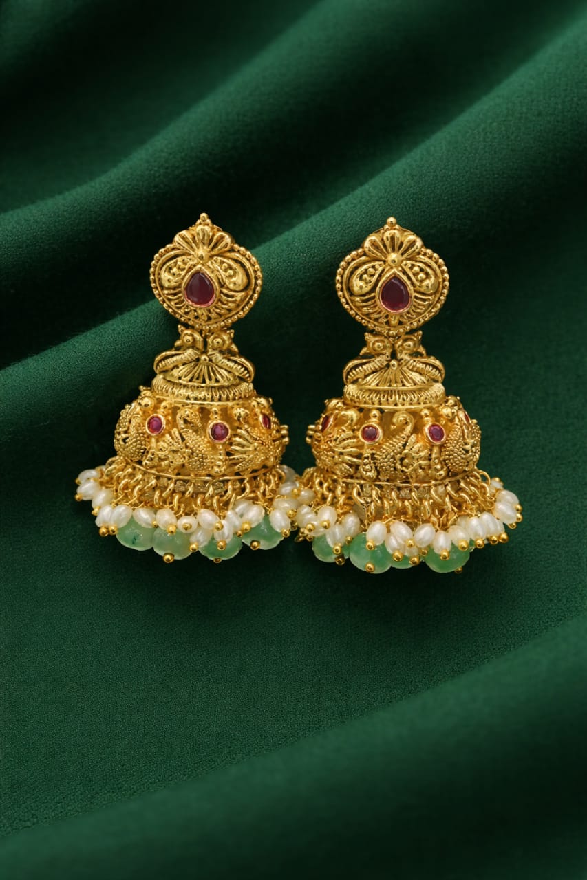 Premium jhumka swan design with floral pattern hanging emerald hydro green pearls. J0055-CS50