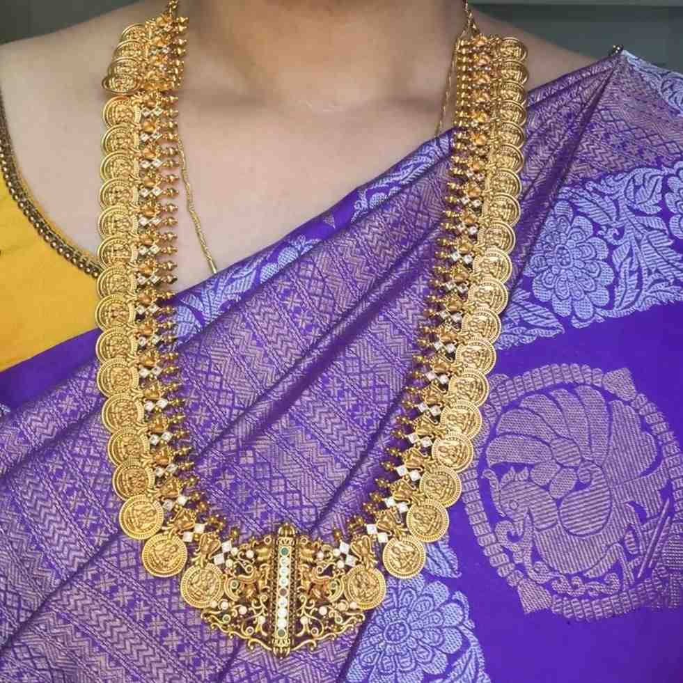 Premium Quality Traditional Lakshmi Kasu mala Haram 24 inch long Designed with Trendy Patterns On it comes with screw back earrings H0039-CS250