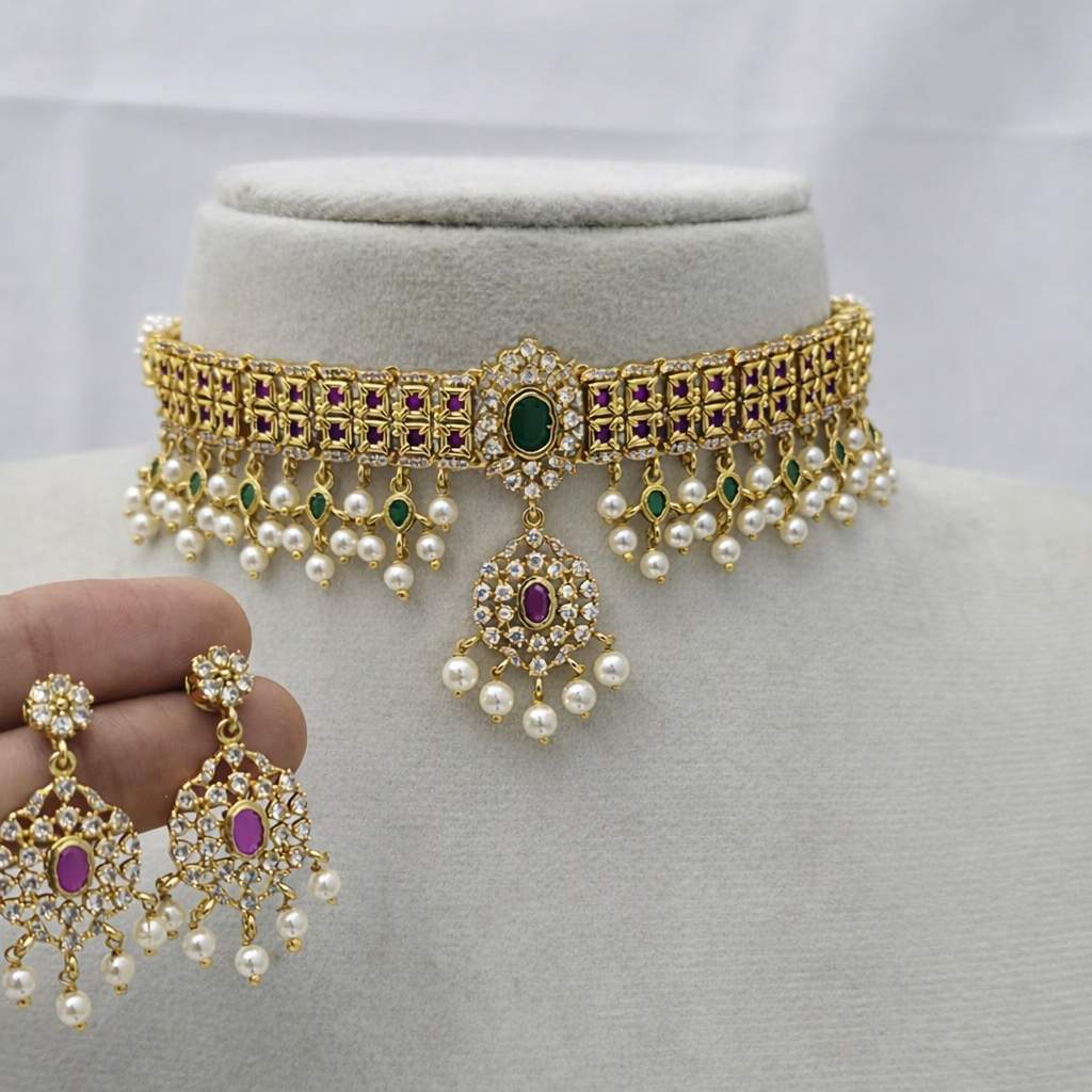 Premium Quality Ruby Emerald Color Floral Pattern Stone Chocker Set with Matching earrings N0169-CI79