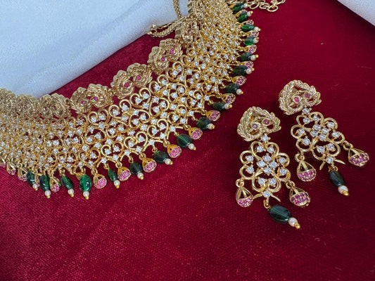 Premium Quality Bridal Peacock Chocker set with Emerald Green Beads N00135