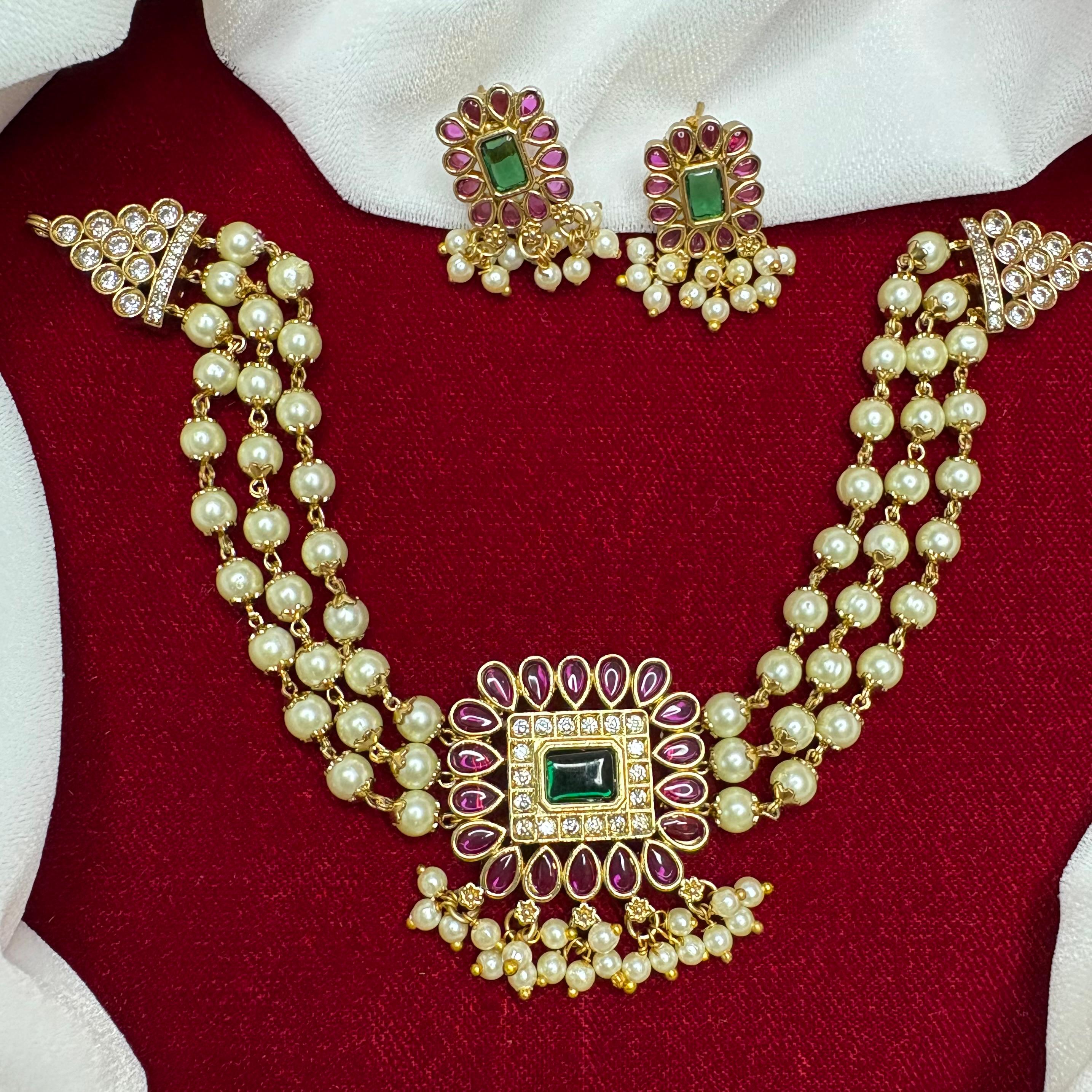 Premium Pearl 3 layer Chocker designed with kemp stones  N0170