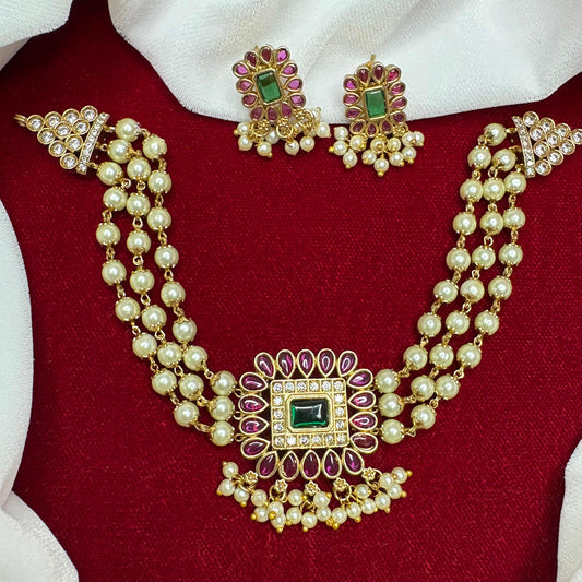 Premium Pearl 3 layer Chocker designed with kemp stones  N0170
