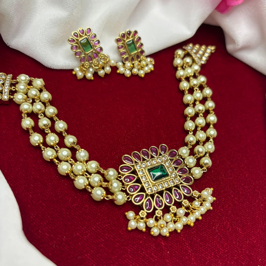 Premium Pearl 3 layer Chocker designed with kemp stones  N0170