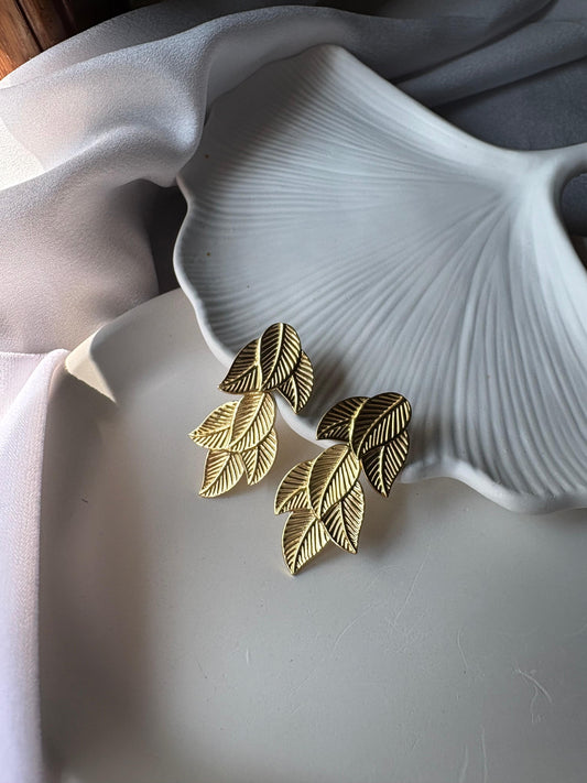 Stainless Steel Anti Tarnish 18k Gold plated Leaf Textured Earring SS006