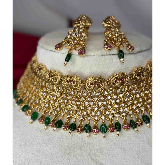 Premium Quality Bridal Peacock Chocker set with Emerald Green Beads N00135